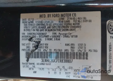2012 Lincoln Mkz from USA, damaged, VIN 3LNHL2GC7CR838807